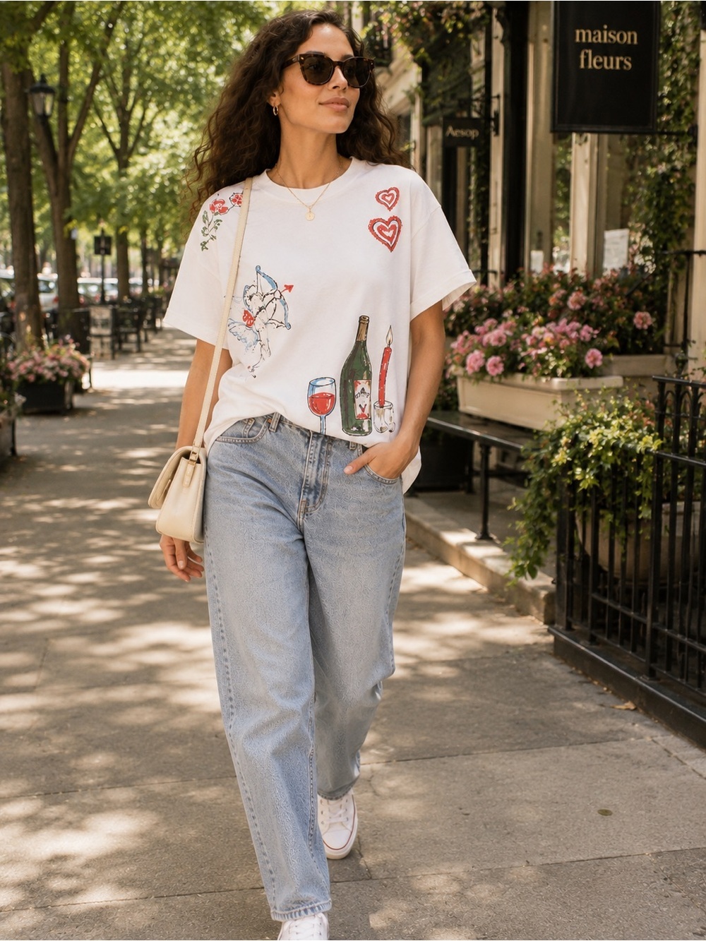 Anthropologie Valentine Boxy Graphic Tee White Cupid Hearts Size Small